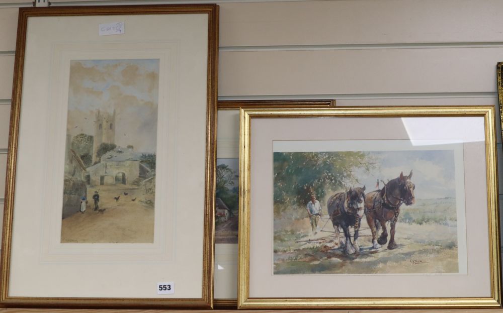 Beth Walters, watercolour, Farmyard scene, 37 x 17.5cm, together with two prints